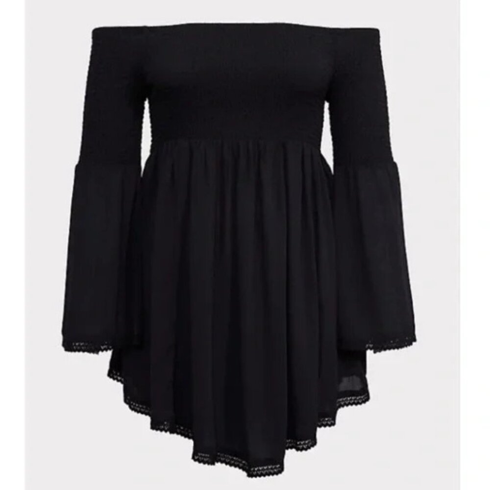 BLACK SMOCKED OFF SHOULDER DRESS SWIM COVER UP SIZE 3X